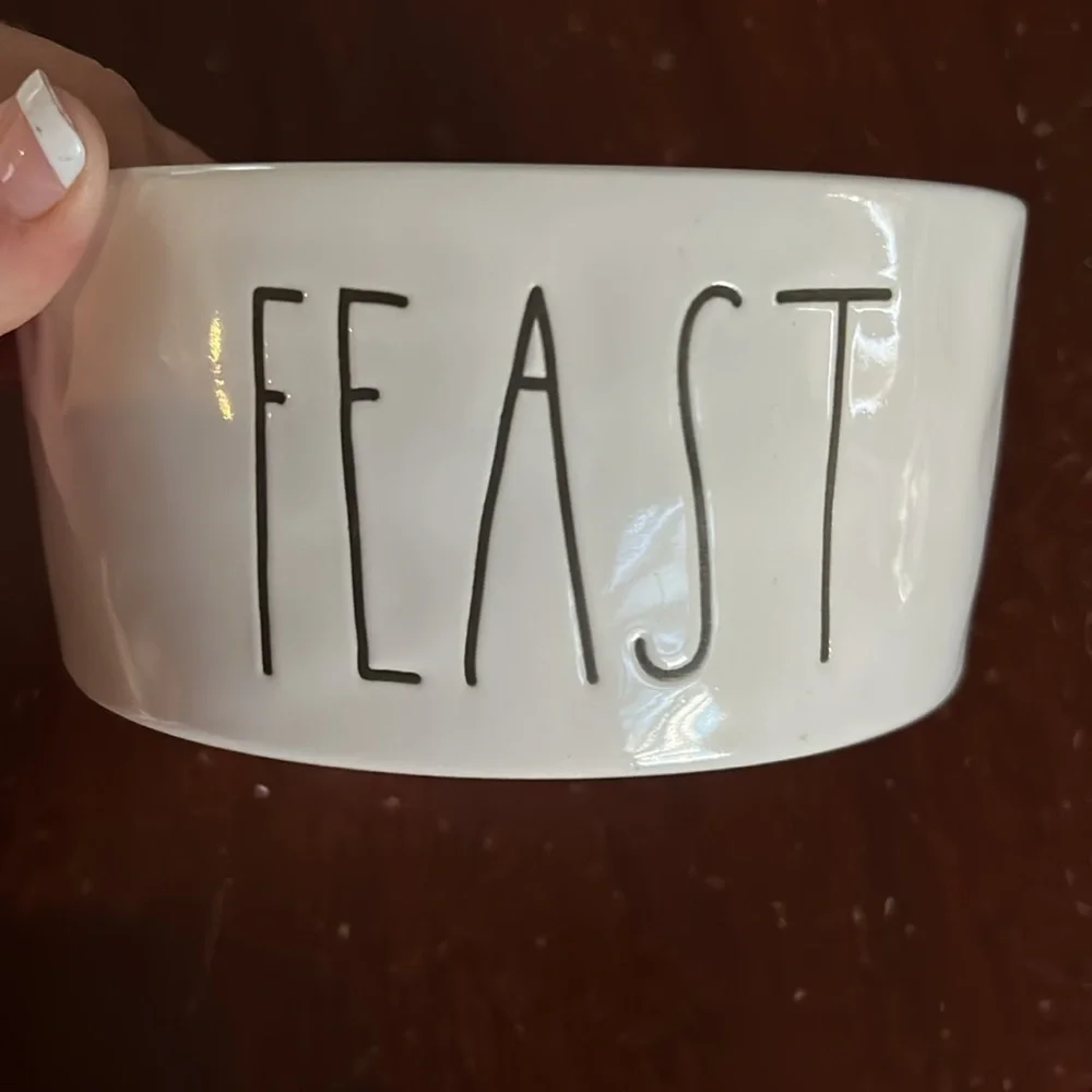 Rae Dunn ceramic cat bowl. “Feast” EUC